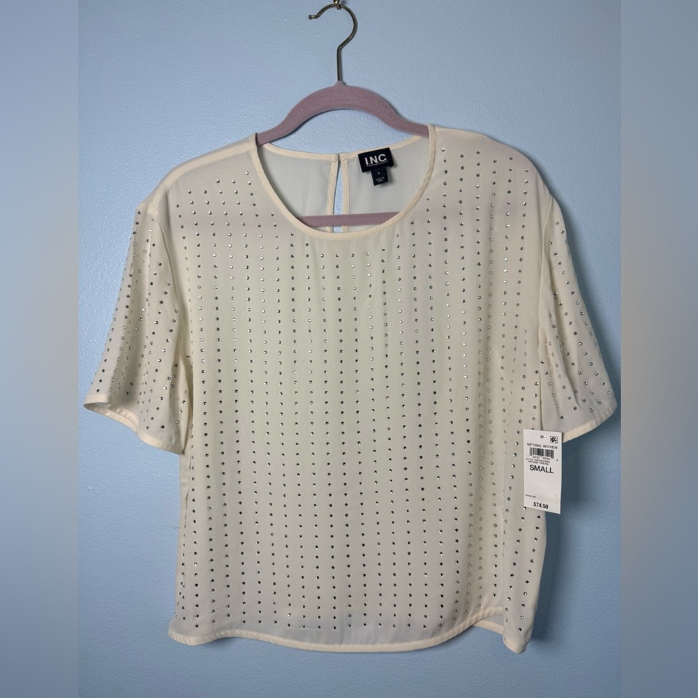 INC International Concepts Cream Short Sleeve Studded Tee